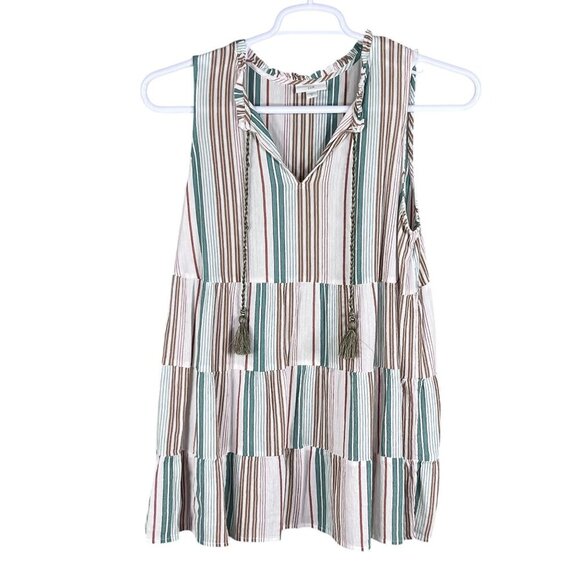 J Jill Womens M Tiered Tunic Top Tassels Sleeveless Striped Ruffled Boho Blouse - Picture 6 of 13